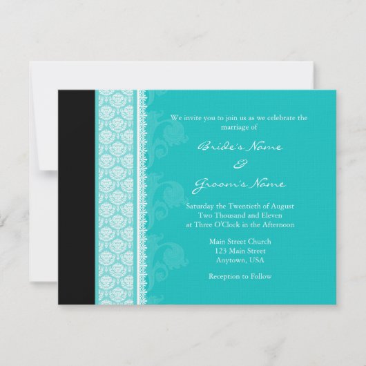 A2 Turquoise One-Side Damask Wedding Invitations Kaart (Voorkant)