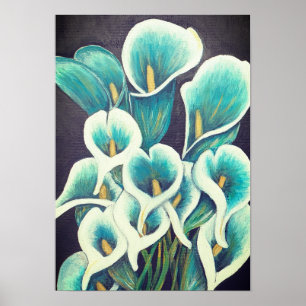 A3 Prachtige Blauwgroen bloemen acrylverfafdruk Poster