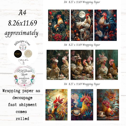 A4 Rooster Collection Wrapping Paper Decoupage 
