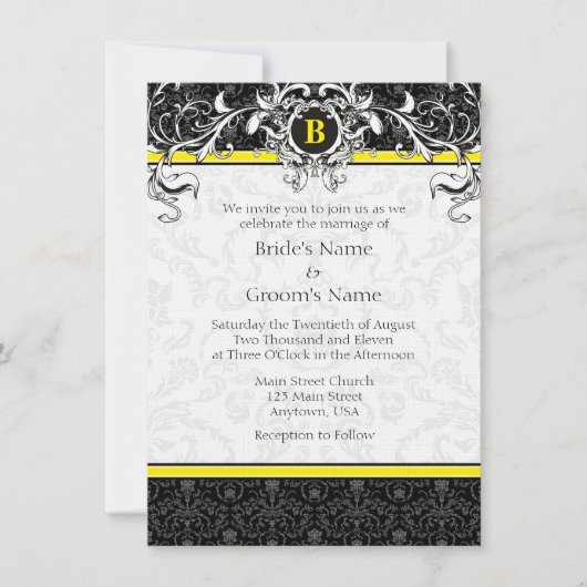 A6 Geel en zwart Damask Monogram Wedding Invites Kaart (Voorkant)