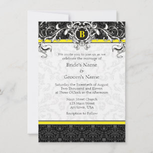 A6 Geel en zwart Damask Monogram Wedding Invites Kaart