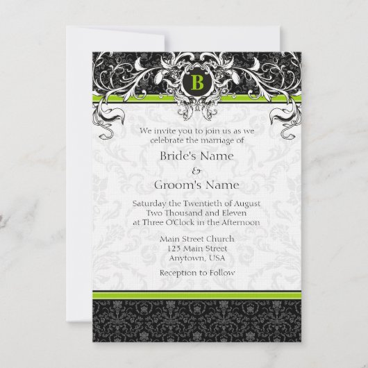 A6 Lime Green Black Damask Monogram Weddenschap Kaart (Voorkant)