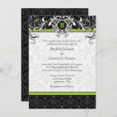 A6 Lime Green Black Damask Monogram Weddenschap Kaart (Voorkant / Achterkant)