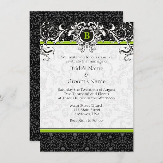 A6 Lime Green Black Damask Monogram Weddenschap Kaart (Voorkant / Achterkant)