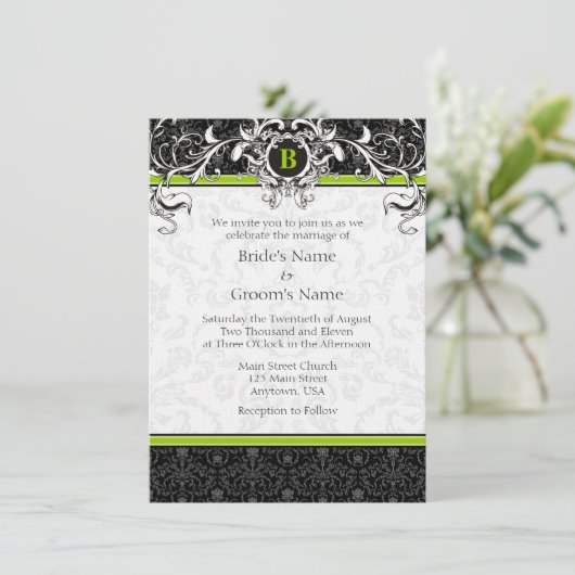 A6 Lime Green Black Damask Monogram Weddenschap Kaart (Staand voorkant)