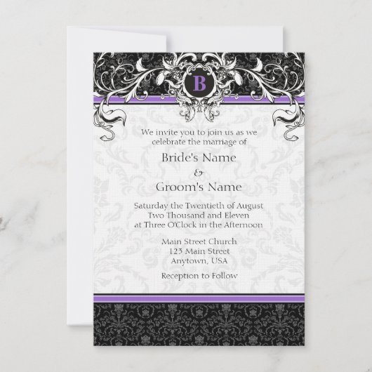 A6 Paarse en zwarte Damask Monogram Wedding Invite Kaart (Voorkant)