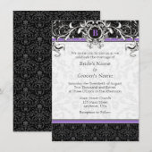 A6 Paarse en zwarte Damask Monogram Wedding Invite Kaart (Voorkant / Achterkant)