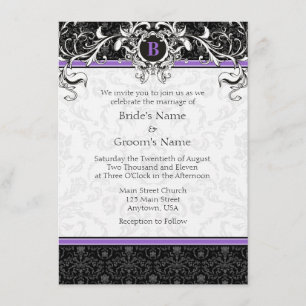 A6 Paarse en zwarte Damask Monogram Wedding Invite Kaart