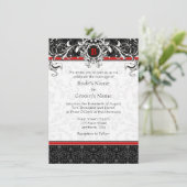 A6 Rood- en zwarte Damask Monogram Wedding Invitat Kaart (Staand voorkant)