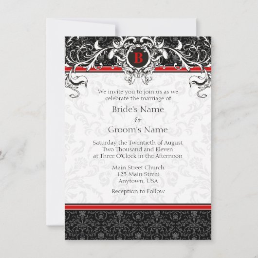 A6 Rood- en zwarte Damask Monogram Wedding Invitat Kaart (Voorkant)