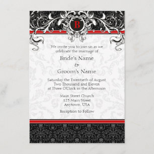 A6 Rood- en zwarte Damask Monogram Wedding Invitat Kaart