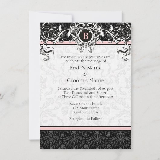 A6 Roze en zwarte Damask Monogram Wedding Invites Kaart (Voorkant)
