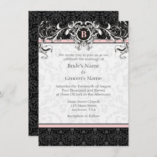 A6 Roze en zwarte Damask Monogram Wedding Invites Kaart (Voorkant / Achterkant)