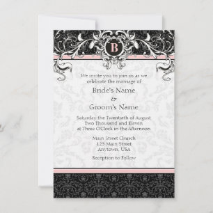 A6 Roze en zwarte Damask Monogram Wedding Invites Kaart