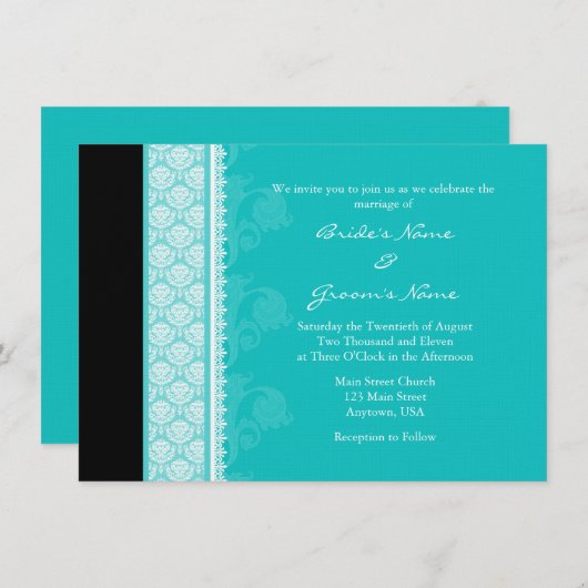 A6 Turquoise One-Side Damask Wedding Invitations Kaart (Voorkant / Achterkant)