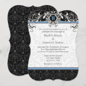 A7 Blue & Black Damask Monogram Wedding Invites Kaart (Voorkant / Achterkant)
