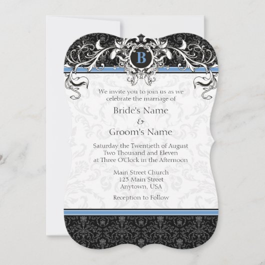 A7 Blue & Black Damask Monogram Wedding Invites Kaart (Voorkant)