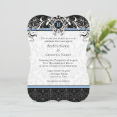 A7 Blue & Black Damask Monogram Wedding Invites Kaart (Staand voorkant)