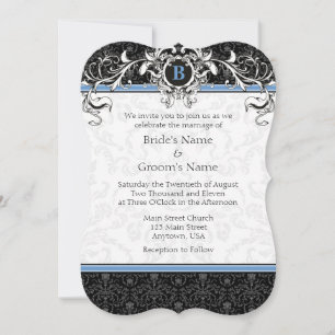 A7 Blue & Black Damask Monogram Wedding Invites Kaart