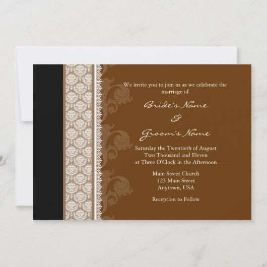 A7 Chocolate Brown Damask Wedding Invitations Kaart (Voorkant)