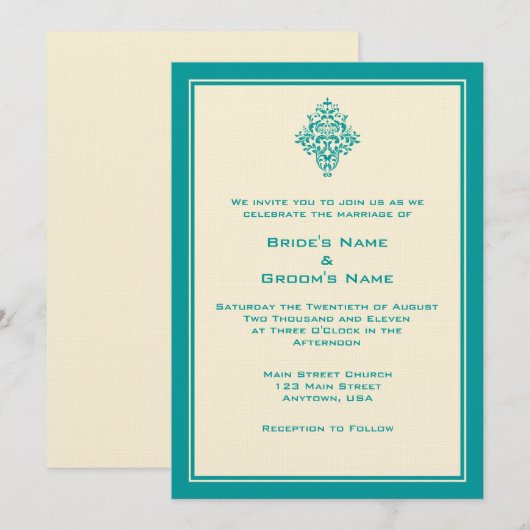 A7 Cream & Blauwgroen Blue Simple Wedding Invitati Kaart (Voorkant / Achterkant)