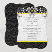 A7 Geel en zwart Damask Monogram Wedding Invites Kaart (Voorkant / Achterkant)
