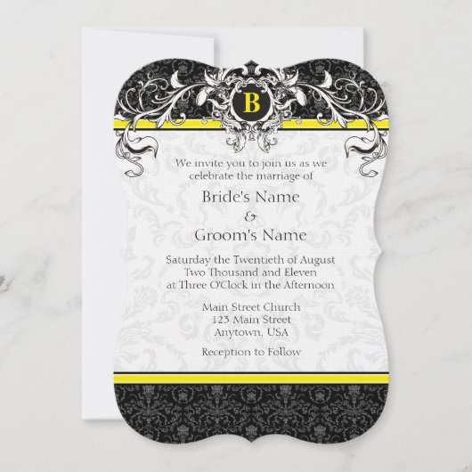 A7 Geel en zwart Damask Monogram Wedding Invites Kaart (Voorkant)