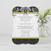 A7 Geel en zwart Damask Monogram Wedding Invites Kaart (Staand voorkant)
