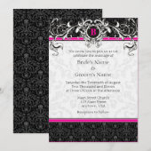 A7 Hot Pink Black Damask Monogram Wedding Invites Kaart (Voorkant / Achterkant)