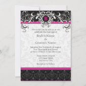 A7 Hot Pink Black Damask Monogram Wedding Invites Kaart (Voorkant)