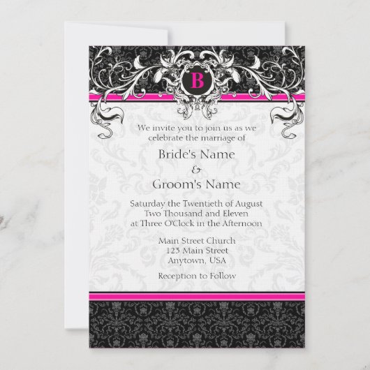 A7 Hot Pink Black Damask Monogram Wedding Invites Kaart (Voorkant)