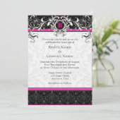 A7 Hot Pink Black Damask Monogram Wedding Invites Kaart (Staand voorkant)