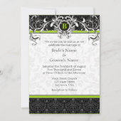 A7 Lime Green Black Damask Monogram Weddenschap Kaart (Voorkant)