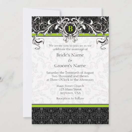 A7 Lime Green Black Damask Monogram Weddenschap Kaart (Voorkant)