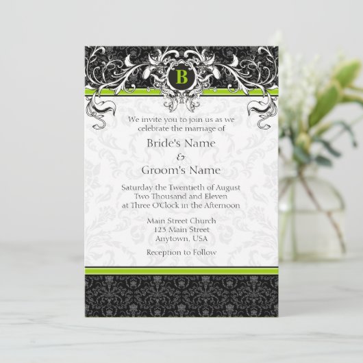 A7 Lime Green Black Damask Monogram Weddenschap Kaart (Staand voorkant)