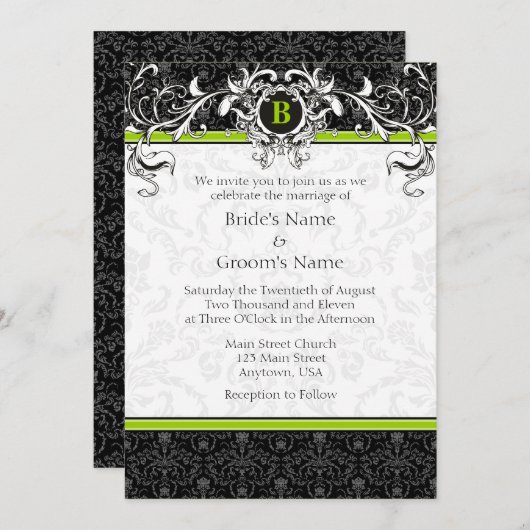 A7 Lime Green Black Damask Monogram Weddenschap Kaart (Voorkant / Achterkant)