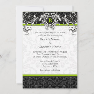 A7 Lime Green Black Damask Monogram Weddenschap Kaart