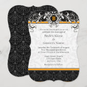 A7 Oranje en zwarte Damask Monogram Wedding Invite Kaart (Voorkant / Achterkant)