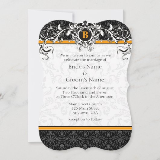 A7 Oranje en zwarte Damask Monogram Wedding Invite Kaart (Voorkant)