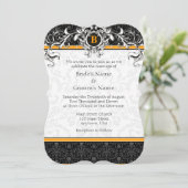 A7 Oranje en zwarte Damask Monogram Wedding Invite Kaart (Staand voorkant)