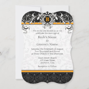 A7 Oranje en zwarte Damask Monogram Wedding Invite Kaart
