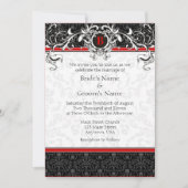 A7 Rood- en zwarte Damask Monogram Wedding Invitat Kaart (Voorkant)