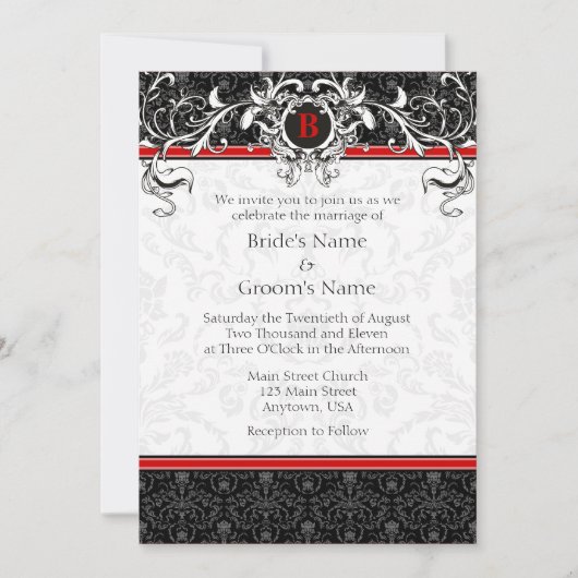 A7 Rood- en zwarte Damask Monogram Wedding Invitat Kaart (Voorkant)