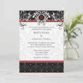 A7 Rood- en zwarte Damask Monogram Wedding Invitat Kaart (Staand voorkant)