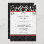 A7 Rood- en zwarte Damask Monogram Wedding Invitat Kaart (Voorkant / Achterkant)
