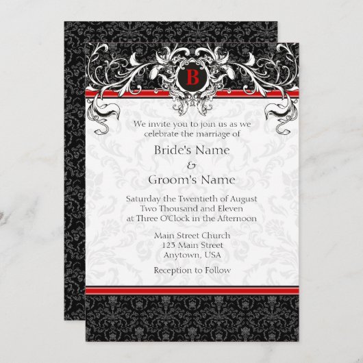 A7 Rood- en zwarte Damask Monogram Wedding Invitat Kaart (Voorkant / Achterkant)