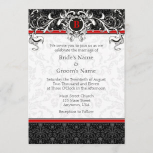 A7 Rood- en zwarte Damask Monogram Wedding Invitat Kaart