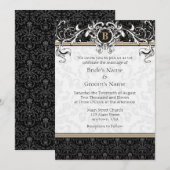A7 Tan & Black Damask Monogram Wedding Invites Kaart (Voorkant / Achterkant)