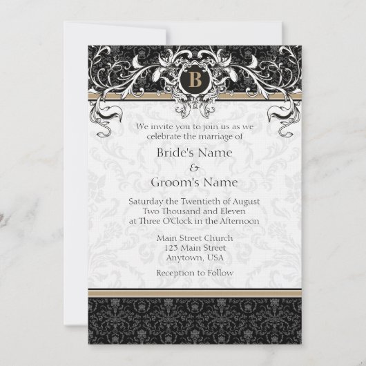 A7 Tan & Black Damask Monogram Wedding Invites Kaart (Voorkant)