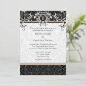 A7 Tan & Black Damask Monogram Wedding Invites Kaart (Staand voorkant)